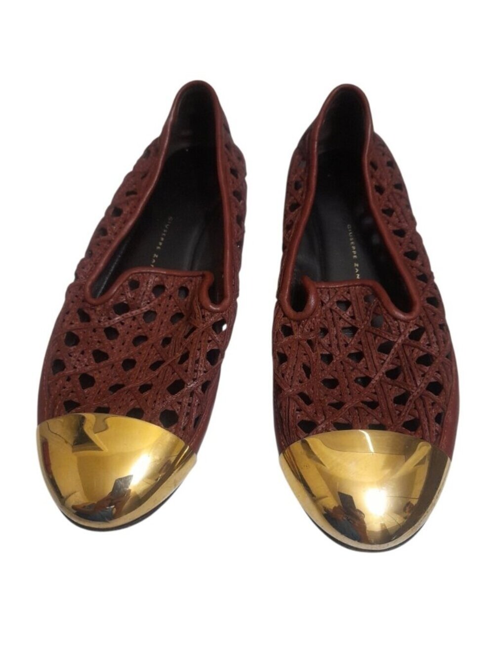 Giuseppe Zanotti Design Woven Leather Flats with Gold Toe Cap